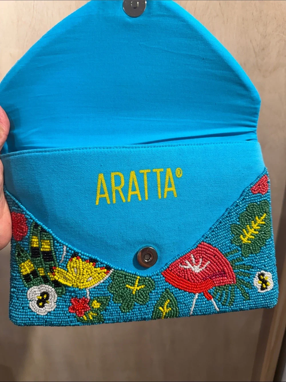 Aratta Turquoise Beaded Flamingo Envelope Clutch